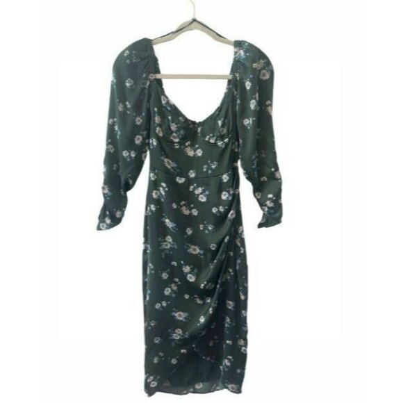 Astr The Label Green Floral Ruched Long Sleeve Midi Dress XS Slit lined Bra NWOT - Picture 1 of 8
